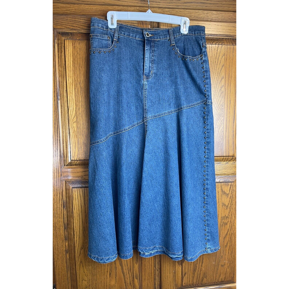 Vtg Bella Pelle Denim Studded Long Skirt Flare Stretch